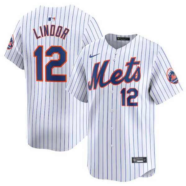 Mens New York Mets #12 Francisco Lindor White 2024 Home Limited Stitched Baseball Jersey Dzhi->new york mets->MLB Jersey